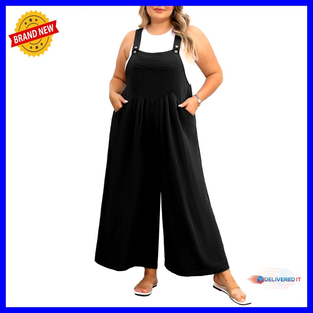Plus Size Wide Leg Jumpsuit With Adjustable Straps And Pockets